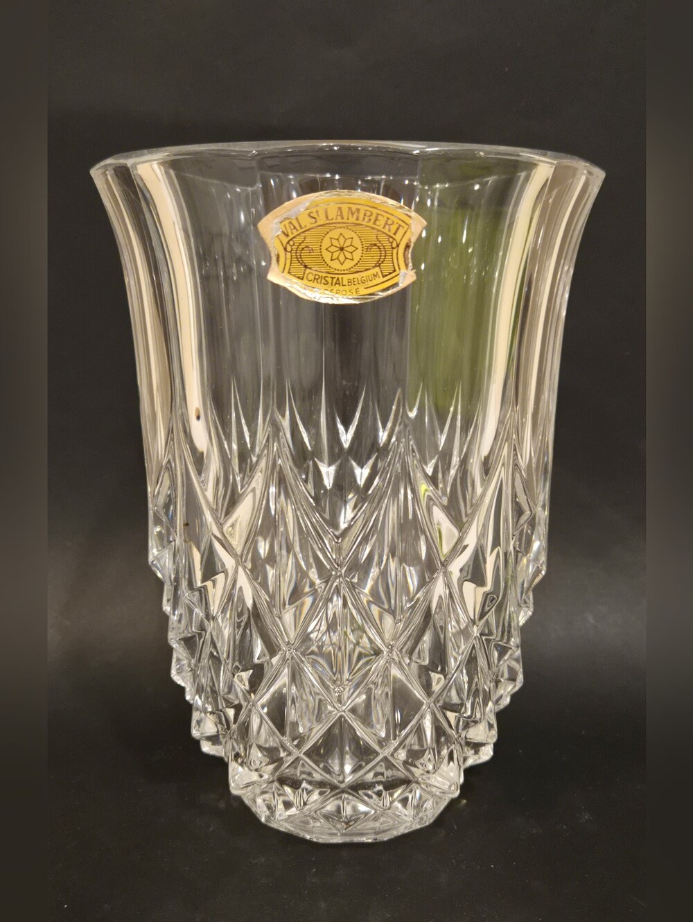 Vintage Signed Val St. Lambert Belgium Clear Crystal Cut Glass Vase